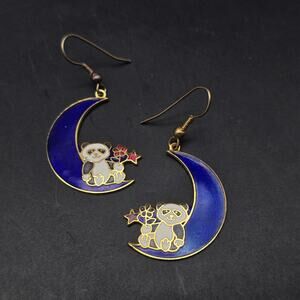 Cloisonne Panda Bears on Moon Earrings Enamel 1980s Vintage Jewelry